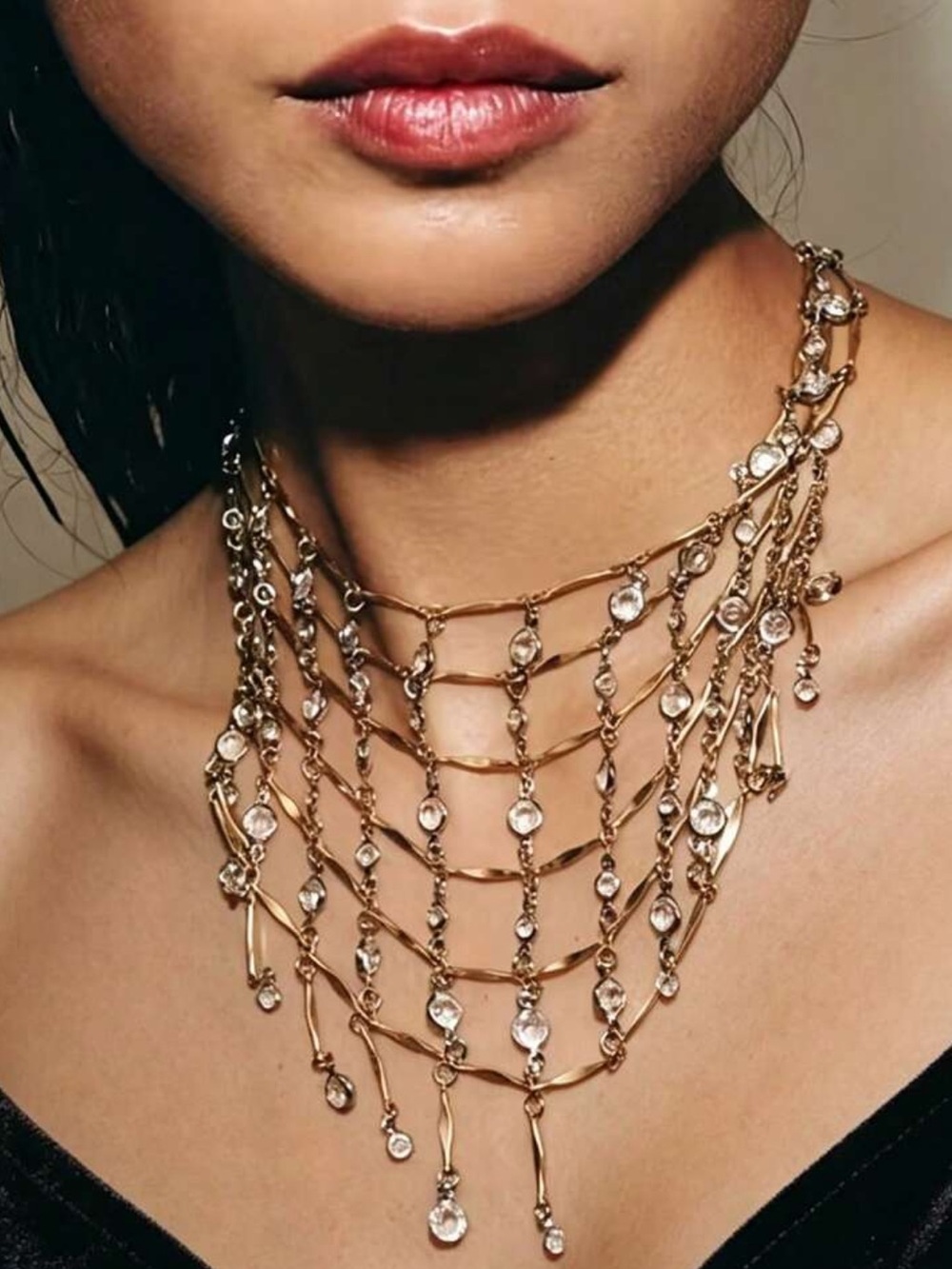 Multi Layer Crystal Chain Bib Necklace Elegant Rhinestone Collar